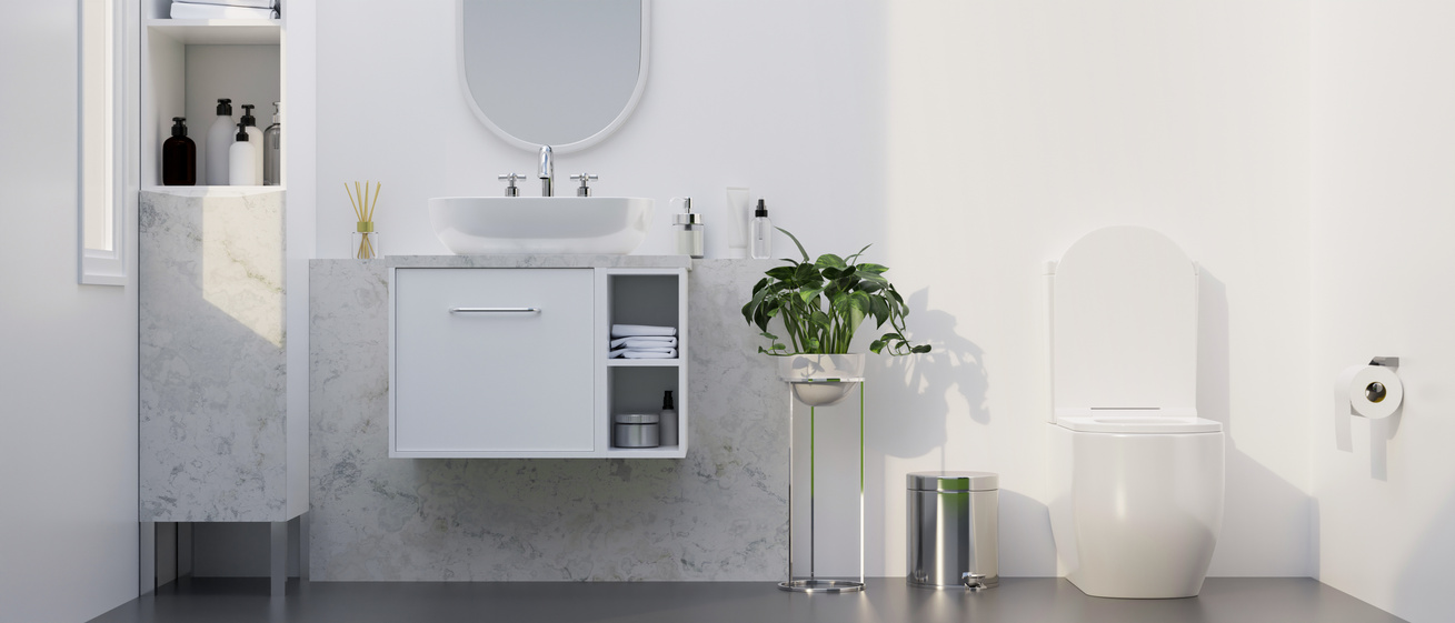 Modern stylish marble bathroom with toilet bowl, bathroom